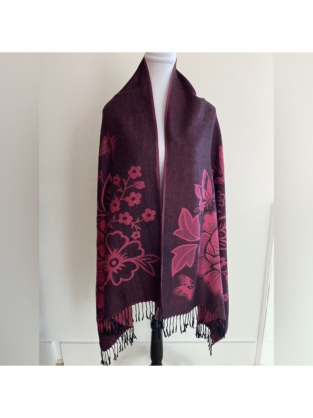 PASHMINA Burgundy Pink Fringe Oversized Pashmina Silk Blend Travel Luxury Cozy